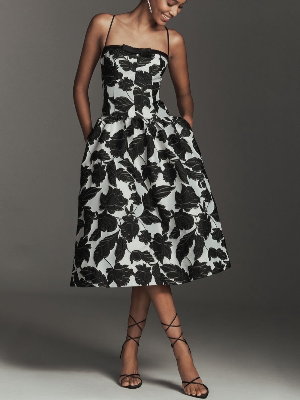 Anthropologie Maeve Jacquard Drop Waist Midi Dress in Black White Floral Medium